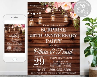 May include: A rustic wood background with a floral design and string lights. The text reads "Please join us for a Surprise 50th Anniversary Party honoring Olivia & David. October 29, from 1pm to 5pm, King's House, 14 East 4th Street, New York, NY 13152. RSVP: 322-255-8588. Your presence is the only present necessary."