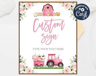 Letrero de cumpleaños de granja rosa: Decoración editable para fiesta de granja (digital)
