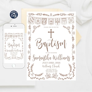 Editable Papel Picado Baptism Invitation, Terracotta Template, Mexican Theme Girl Bautizo Invitation Template, Bautizo Instant Download