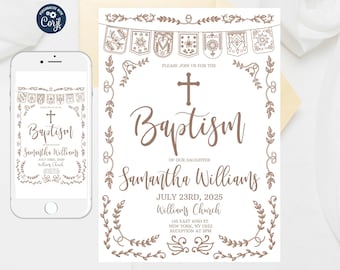 Terracotta Papel Picado Baptism Invitation Template (Digital Download)