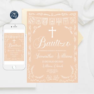 Editable Papel Picado Baptism Invitation, Blush Peach Template, Mexican Theme Girl Bautizo Invitation Template, Bautizo Instant Download