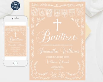 Editable Papel Picado Bautizo Invitation: Blush Peach Template (Digital Download)