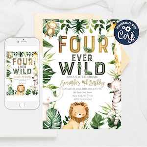 Four Ever Wild Birthday Invitation: Safari Jungle Animals (Editable Template)
