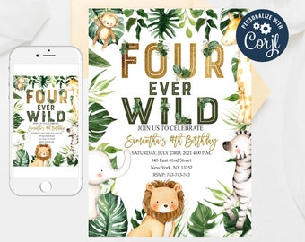 Four Ever Wild Birthday Invitation: Safari Jungle Animals (Editable Template)