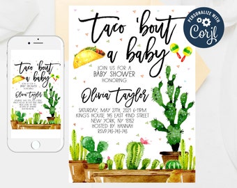 Editable Taco Bout A Baby Shower Invitation, Co-Ed Shower, Couples shower, Cactus, Taco Party, Fiesta invitation Templates 261