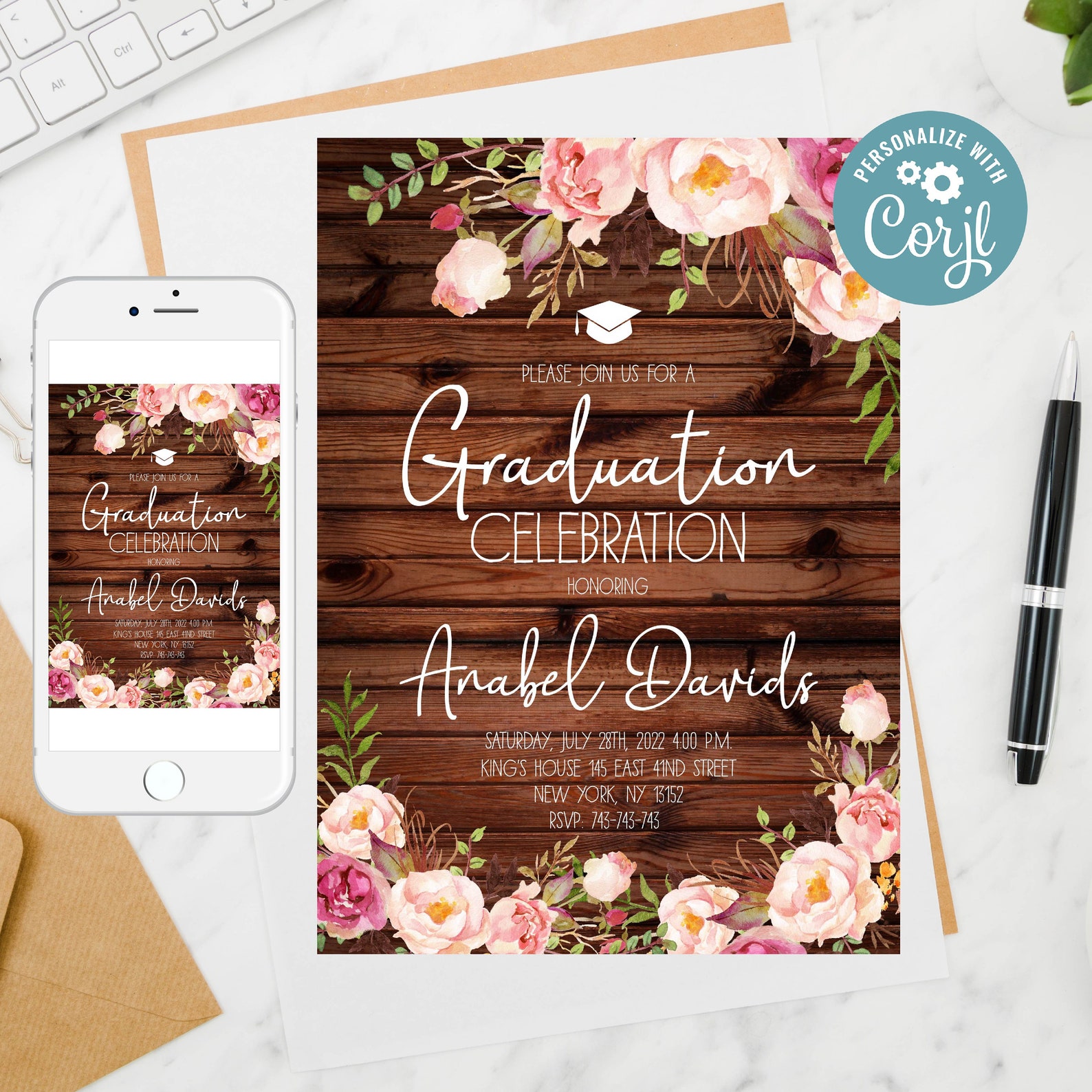 Editable Floral Graduation Photo Invitation Rustic Wood Etsy