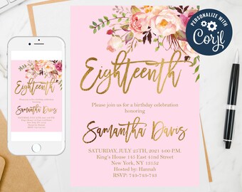 Floral 18th Birthday Invitation Template: Editable Any Age (Digital Download)