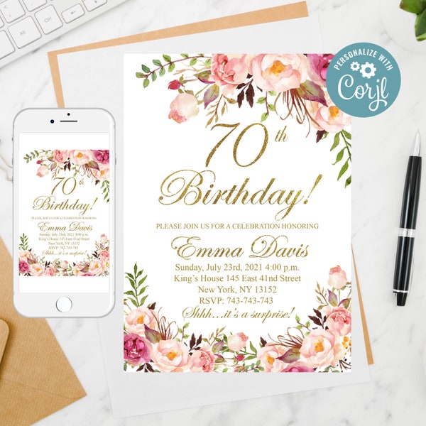 Editable 70th Birthday Dinner Invitation, Surprise 70th Birthday Invitation, Women Birthday Invitation, Any Age, Template 1