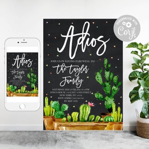 Editable Adios Farewell Invitation: Mexican Fiesta Cactus Theme (Digital Template)