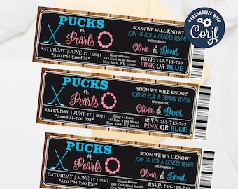 Editable Ticket Gender Reveal Invitation: Hockey Pucks or Pearls (Digital Template)