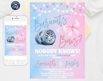 Burnouts or Bows Gender Reveal Invitation: Editable Template