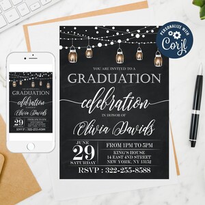 Editable Graduation Party Invitation: Mason Jar Lights (Digital Download)