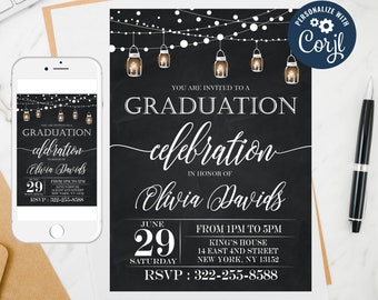 Editable Graduation Party Invitation: Mason Jar Lights (Digital Download)