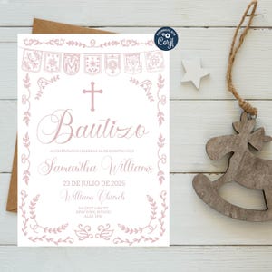 Editable Papel Picado Baptism Invitation, Blush Pink Template, Mexican Theme Girl Bautizo Invitation Template, Bautizo Instant Download