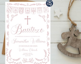 Editable Papel Picado Baptism Invitation: Blush Pink Bautizo Template (Digital Download)