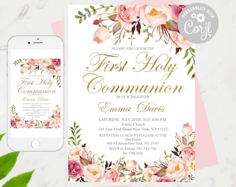 Puede incluir: Una invitación blanca con letras doradas para una Primera Comunión. La invitación presenta un diseño floral con flores rosas y blancas y hojas verdes. El texto de la invitación dice "Por favor, únase a nosotros para la Primera Comunión de nuestra hija Emma Davis". La fecha, la hora y el lugar del evento también se incluyen en la invitación.