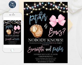 Pitcher or Bows Gender Reveal Invitation Template (Digital Download)