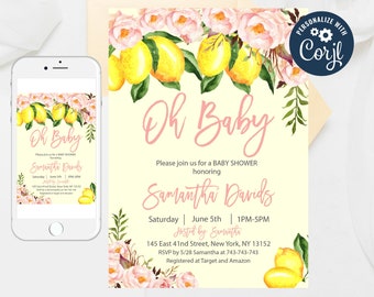 Floral Lemon Baby Shower Invitation: Editable Template (Digital Download)