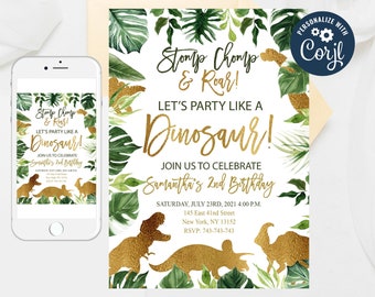 Editable Dinosaur Birthday Invitation, Wild One Birthday Invitation, Dino Birthday invitations, Gold Dinosaur Birthday Invite Template 308