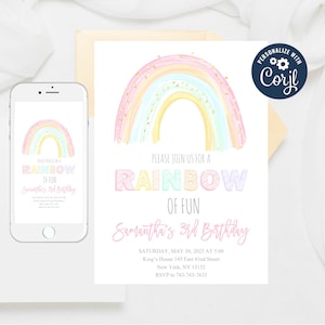 Editable Rainbow Birthday Invitation: Pastel Colors (Digital Template)