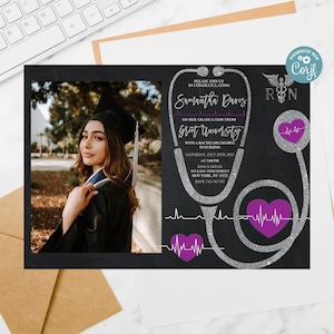 Editable Nursing School Graduation Announcement, Medical Nurse with photo Invitation, Medical Graduation Invitation,RN Nursing invitation 74