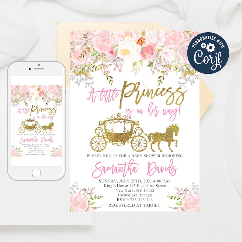 Editable Princess Baby Shower Invitation Princess Carriage Etsy