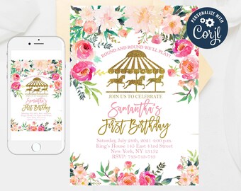 Editable Carousel Birthday Invitation, Carousel First Birthday,Carousel Birthday Invitation, Pink and Gold Carousel,Watercolor Flowers 222