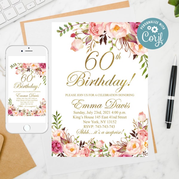 Floral 60th Birthday Invitation Template: Editable Women's Invite (Digital)