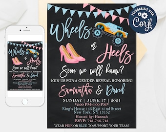 Editable Wheels or Heels Gender Reveal Invitation Template