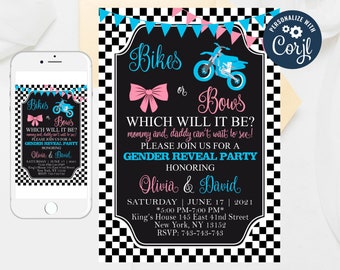 Bikes or Bows Gender Reveal Einladung Vorlage (bearbeitbar)