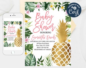 Editable Girl Tropical Baby Shower Invitation, Tropical Leaves Baby Shower Invitation, Gold Pineapple Baby Shower Invitation Templates 76