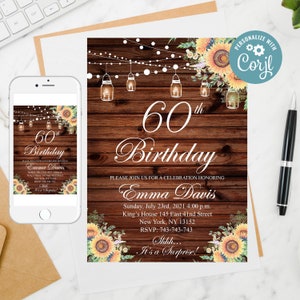 Sunflower 60th Birthday Invitation: Editable Floral Template