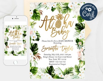 Gold Pineapple Aloha Baby Shower Invitation: Tropical Luau (Editable Template)