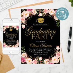 Floral Graduation Party Invitation: Chalkboard Photo Template (Digital)
