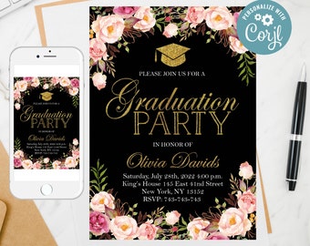 Floral Graduation Party Invitation: Chalkboard Photo Template (Digital)