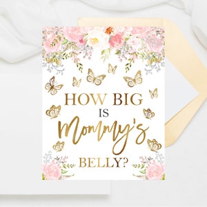Borboleta Adivinhe o tamanho da barriga da mamãe Jogo Blush Rosa Rosa Ouro Borboleta Chá de bebê Polvilhe Digital para impressão Download instantâneo 2020