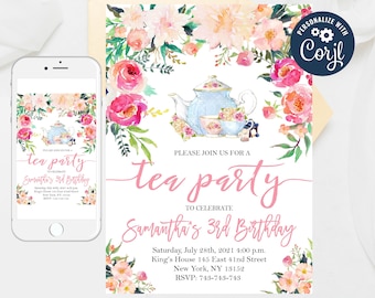 Floral Tea Party Birthday Invitation: Editable Template (Digital Download)