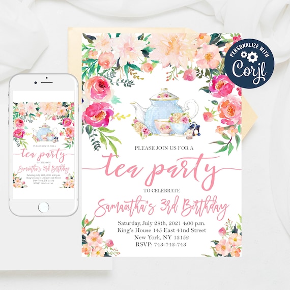 Floral Tea Party Birthday Invitation: Editable Template (Digital Download)