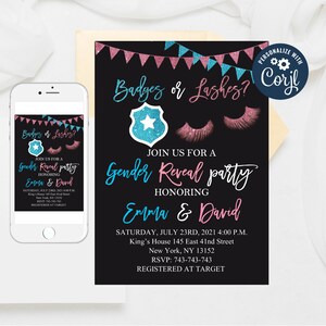 Editable Police Officer Gender Reveal Invitation, Badges or Lashes Gender Reveal Party Invitation He or She Boy or Girl Invites Templates 45