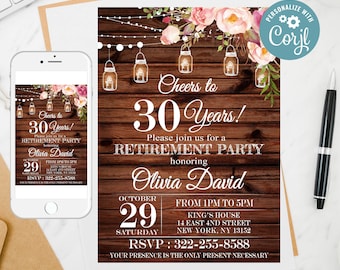 Rustic 30th Retirement Party Invitation Template (Digital Download)