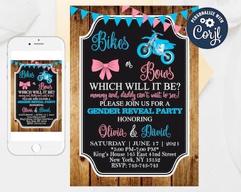 Bikes or Bows Gender Reveal Einladung Vorlage (bearbeitbar)