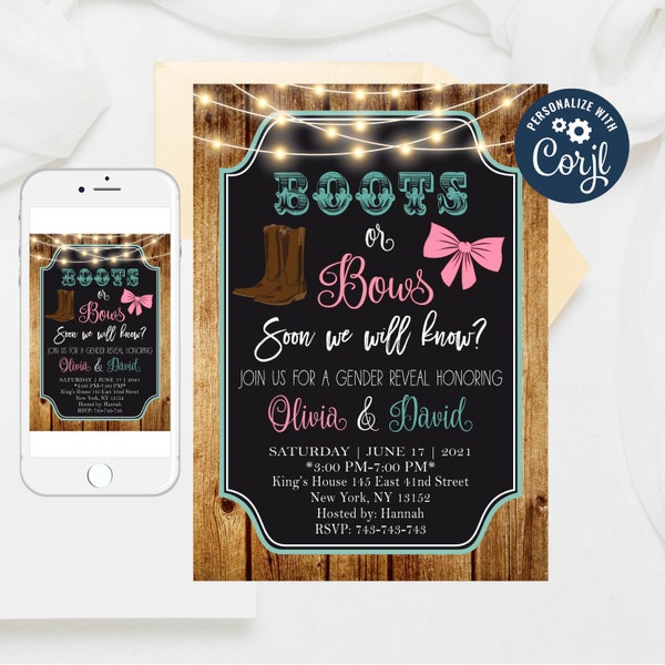Editable Boots or bows gender reveal invites, Gender reveal invitation, Gender Reveal Party, Boots or Bows Invitation Templates 190