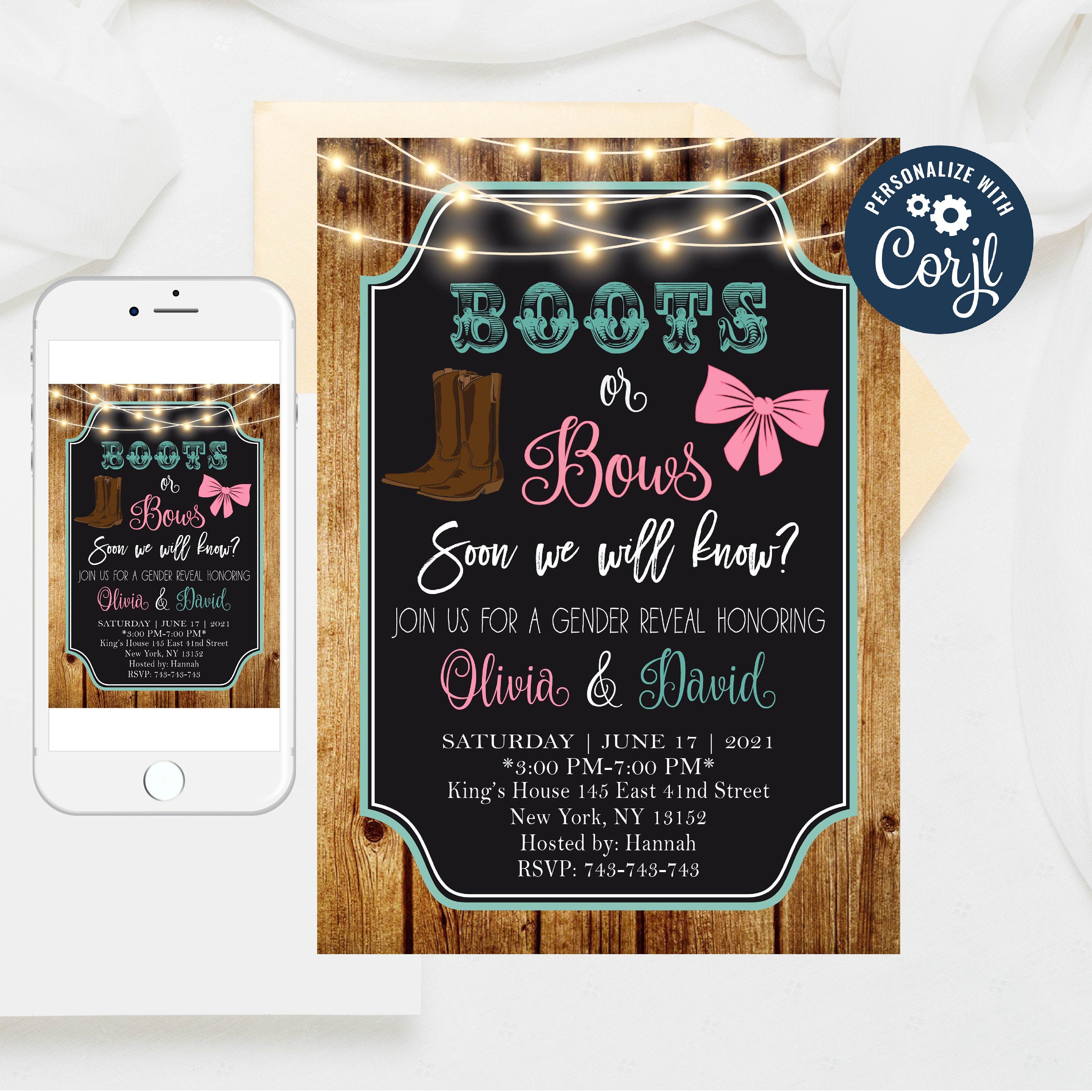Editable Boots or bows gender reveal invites Gender reveal | Etsy
