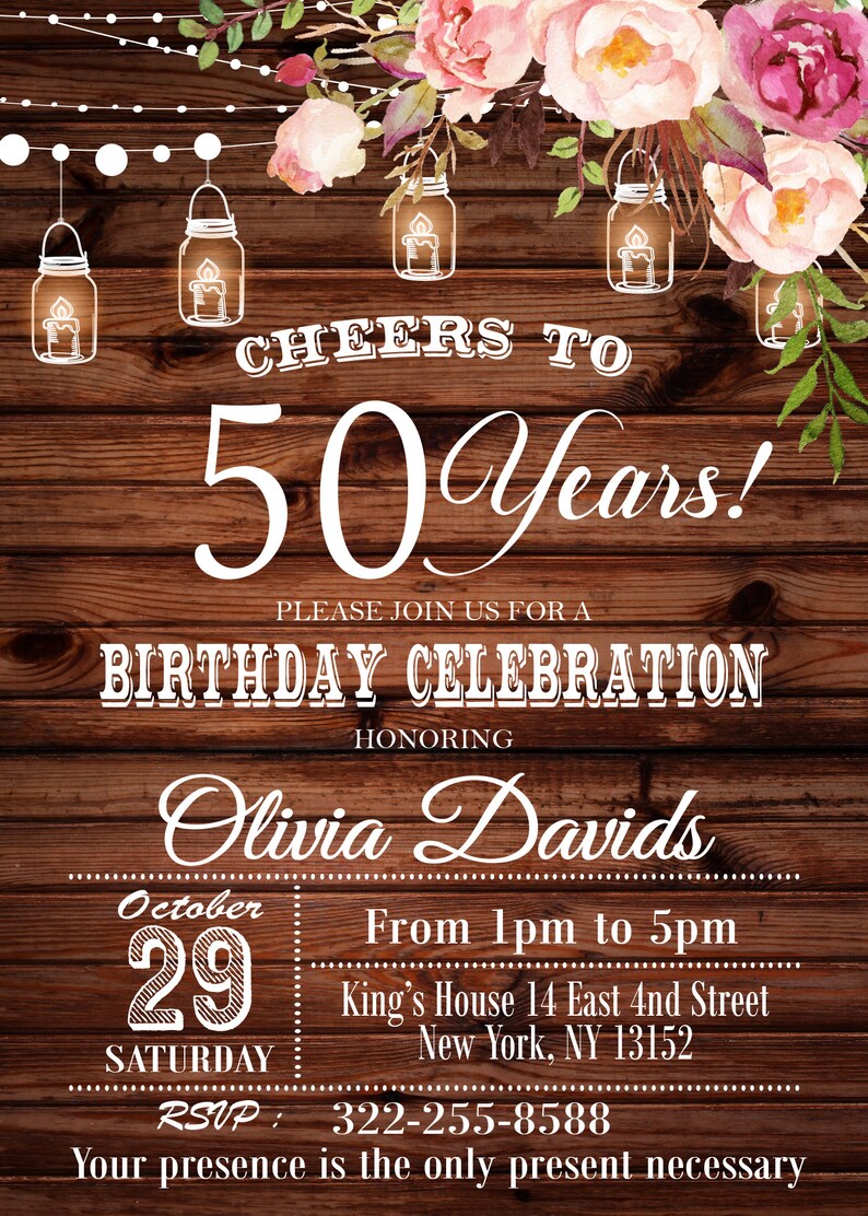 50th birthday invitation cheers to 50 years wood printable etsy
