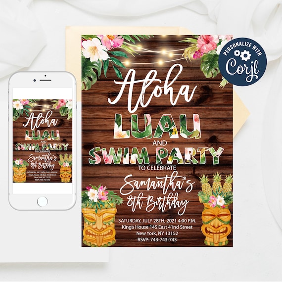 Tiki Aloha Luau Birthday Invitation: Editable Tropical Swim Party (Digital Download)