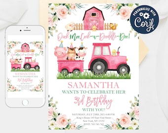Editable Pink Farm Animals Birthday Invitation Template (Digital Download)