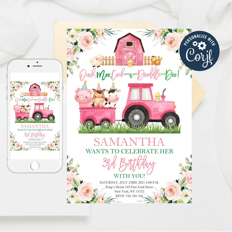 Editable Farm Birthday Invitation Pink Farm Animals Birthday Invite Template Invitation Girl Barnyard Birthday Girl Farm
