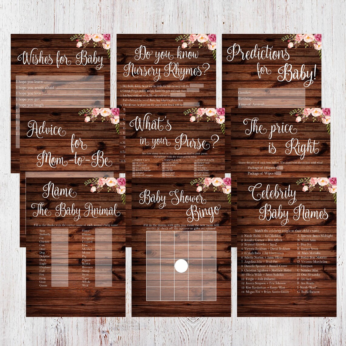 Baby Shower Games Rustic, Baby Shower Games Bundle, Floral Baby Shower ...