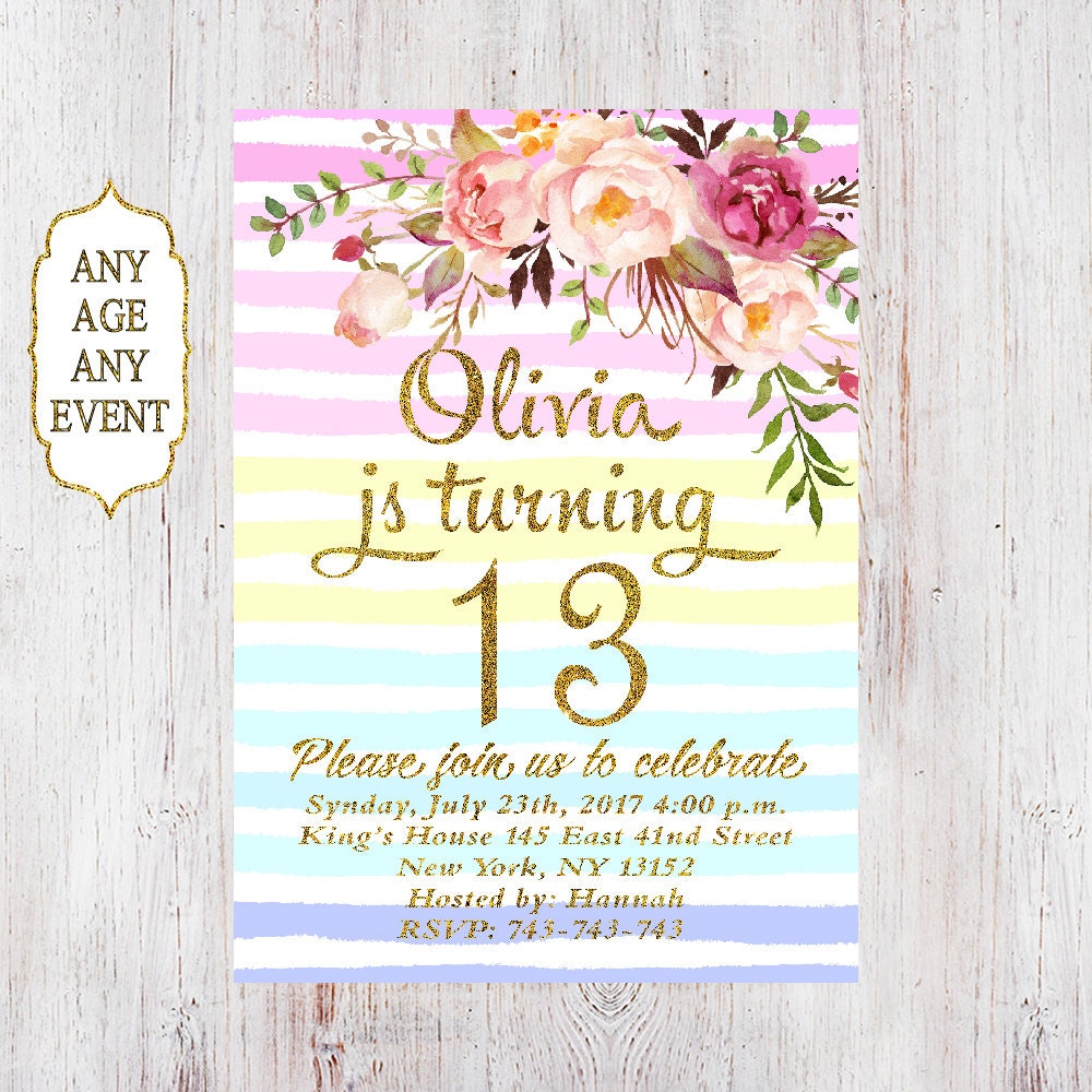 Floral Geburtstag Einladung 13. Geburtstag Einladungen Mädchen Etsy