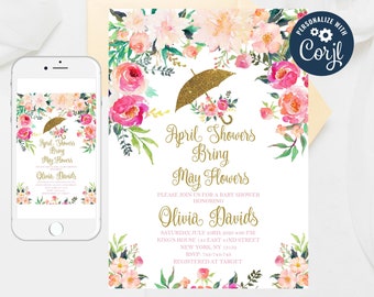 Editable April Showers Bring May Flowers Baby Shower Invitation, Bridal Shower, Wedding Shower Invitation, Floral Bridal Shower Invite 212